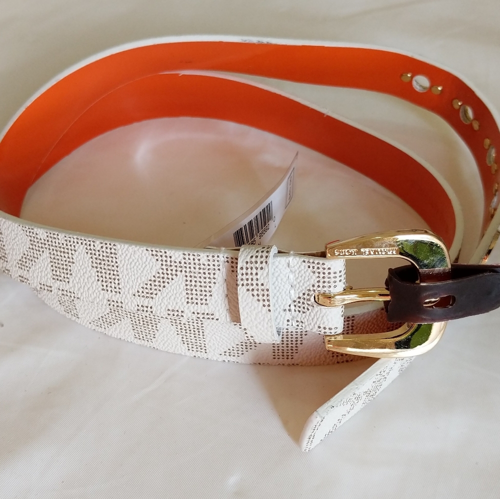 Michael Kors MK Logo White Leather Belt